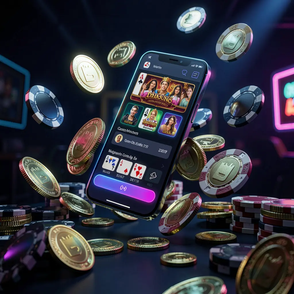 JLO1 online casino app promotion banner featuring a phone floating above golden coins and poker chips with a dark blue and black background and cinematic neon glow in a realistic 3D render