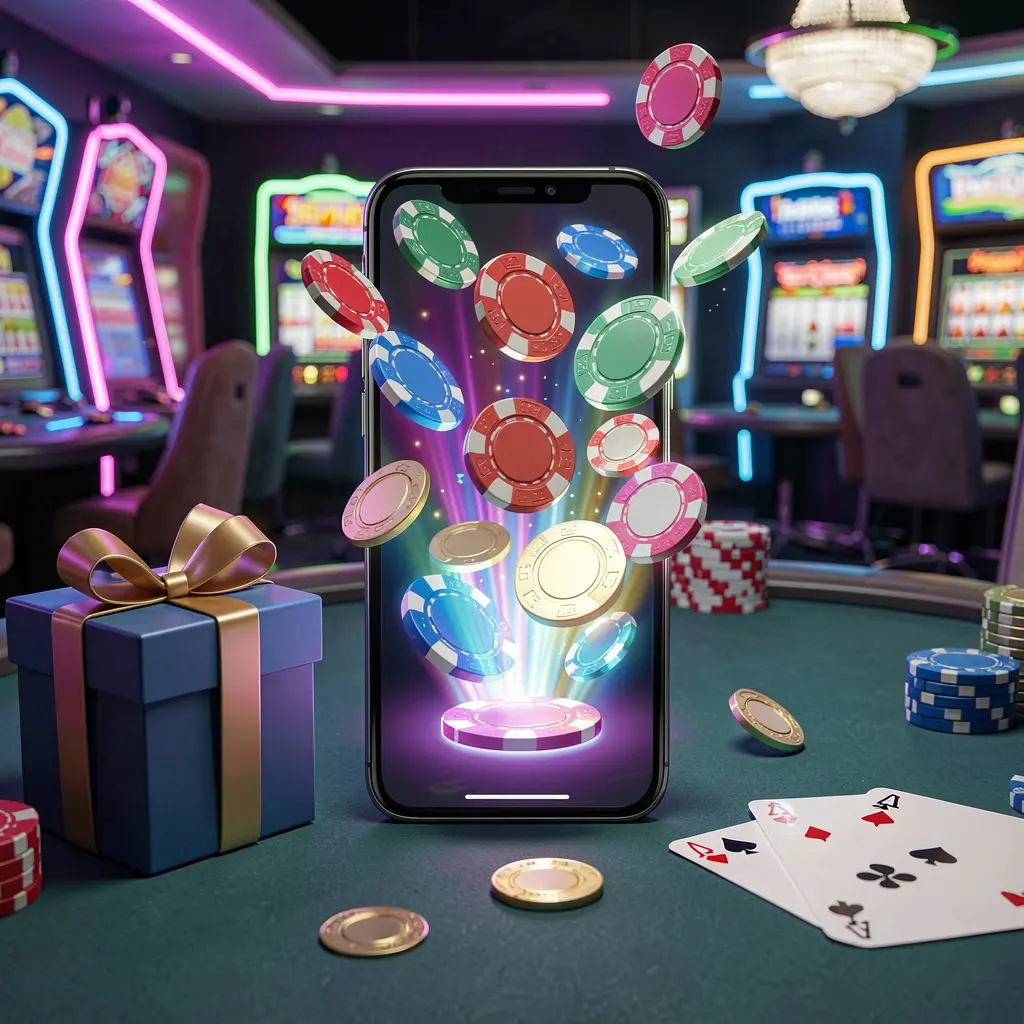 JLO1 mobile casino bonus scene with a modern smartphone displaying glowing casino chips and coins coming out of the screen, surrounded by a gift box and playing cards in a bright neon casino atmosphere