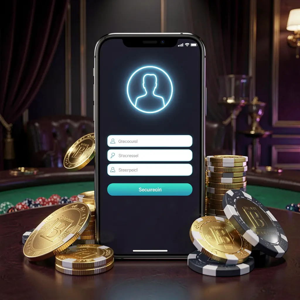 JLO1 online casino login page hero banner featuring a modern smartphone with a secure login screen, glowing user profile icon, golden coins and poker chips surrounding it on a dark luxury background in a premium 3D render