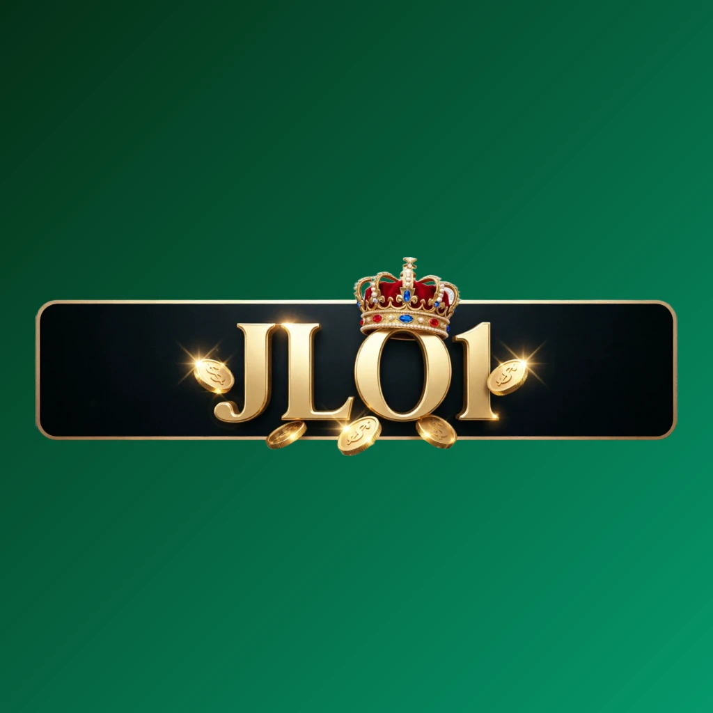 Casino-style logo for JLO1 featuring golden letters with a crown element and sparkling coins, set in a luxury gaming atmosphere on a transparent background, designed as a wide horizontal rectangular wordmark for a website header.