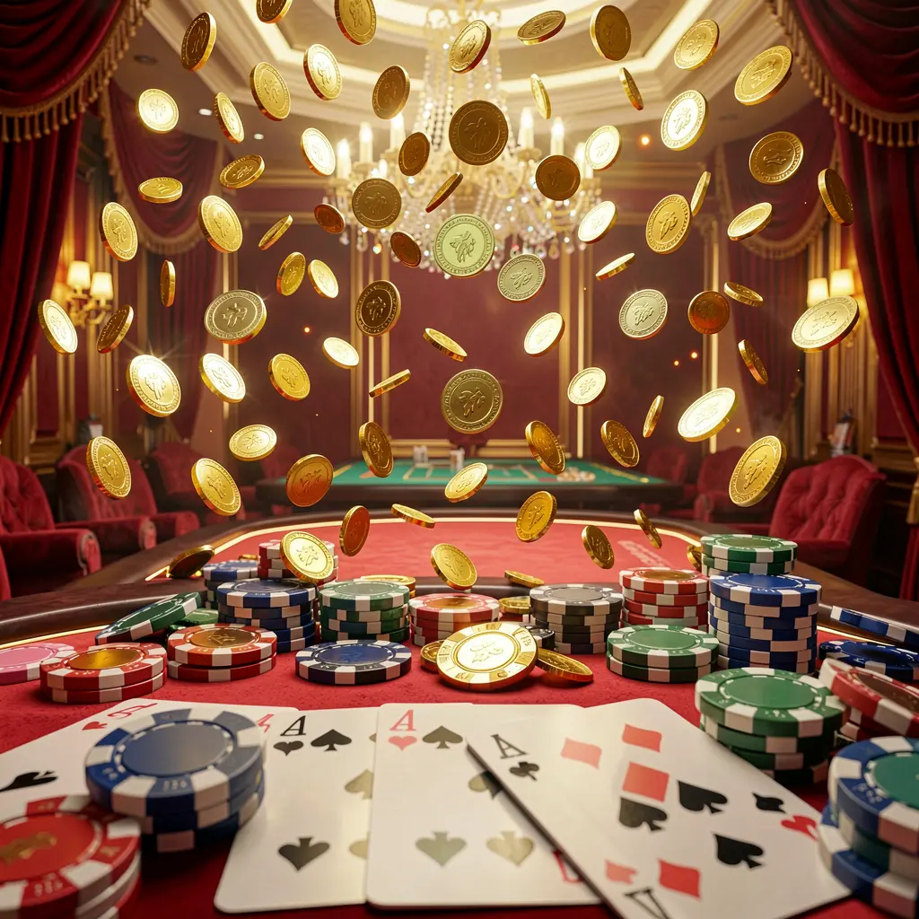 JLO1 online gaming platform homepage banner featuring bright casino lights, golden coins raining, poker chips and playing cards in the foreground with a luxury red and gold atmosphere in a high detail 3D render